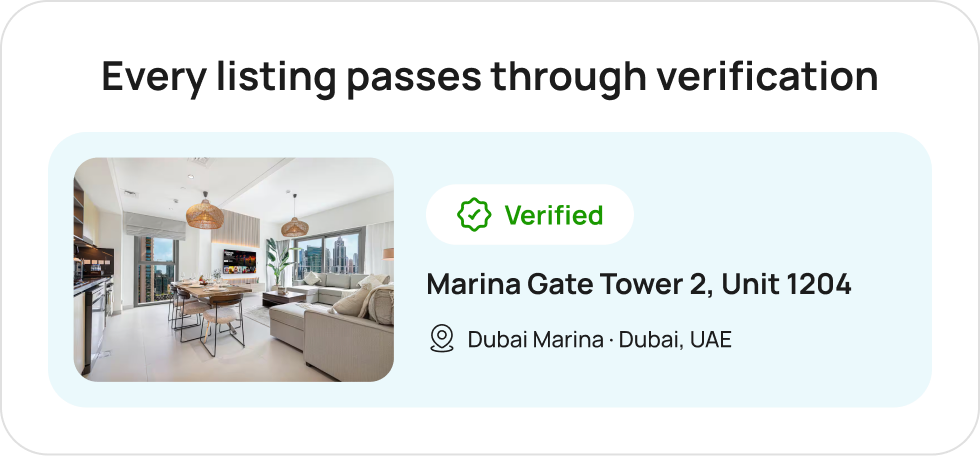 Every listing passes through verification, shown on Marina Gate Tower 2